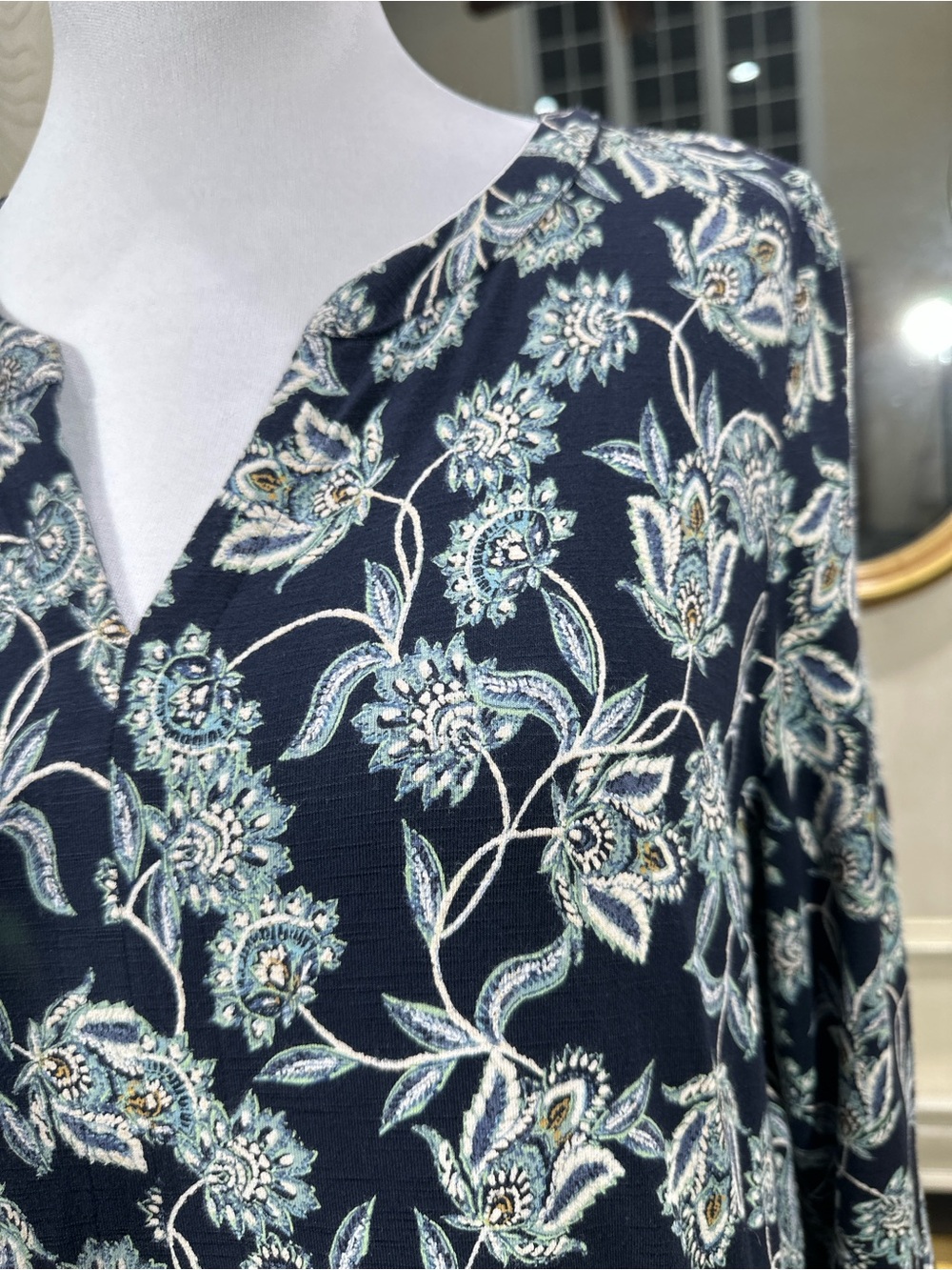 J. Jill Navy Floral Paisley Empire Waist Dress M Petite Boho Cottagecore 3/4 Slv - Picture 2 of 10